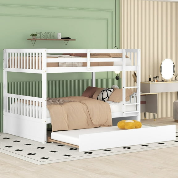 Bellemave Full Over Full Bunk Bed with Trundle,Wooden Trundle Bed Frame with Ladder,Convertible to 2 Platform Beds for Teens Adults(White)