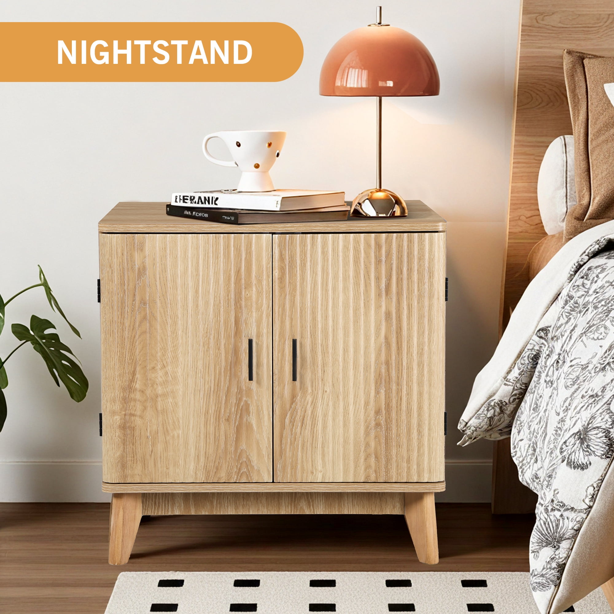 YOCWO Fluted Square Nightstand with Charging Station for Bedroom, Wood End Table with 2 Door for Living Room, Beige
