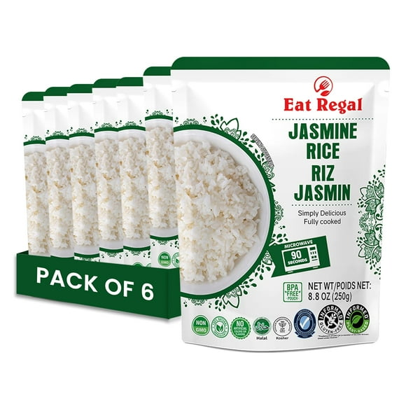Eat Regal Riz Jasmin Prêt à Manger, Micro-Ondable en 1,5 Minute, Stable à Température Ambiante, Riz Thaï, Sans Sucre Ajouté, Sans Cholestrol, Ingrédients Naturels, Sans Gluten, Sans Grumeaux, Sans Pétrissage, 8,8 oz, Lot de 6