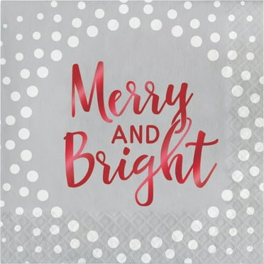 Foil Stamped Holiday Merry and Bright Silver Lunch Napkins, 16 pack
