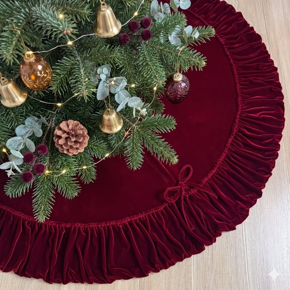 TETOU 48In Christmas Tree Skirt ,Burgundy Ruffled Velvet Xmas Tree Skirt with Foam Padding Nylon Backing and Lace-Up Tie Closure for ChristmasTree Party Gift Holiday Home Decor