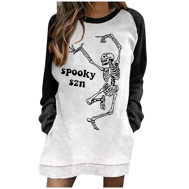 Vestido estampado de Halloween con cuello redondo, manga larga, cómodo, informal, a la moda para mujer Pompotops hdfakjf3819