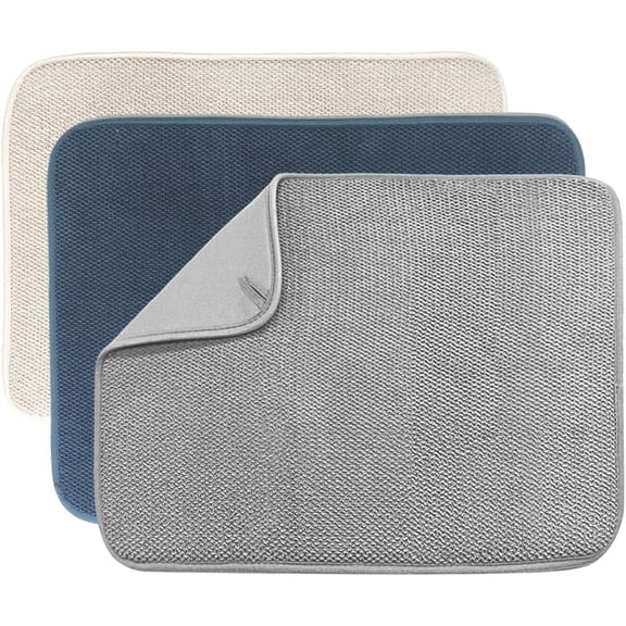 3 Pack Dish Drying Mat,20 X 15 Inch Ultra Absorbent Microfiber Dishes Drainer Mats,Large Size Dish Drying Pad for Kitchen Counter,Coffee,Rack,Under Sink,Countertops,Pinstripe(Beige/Grey/Blue)