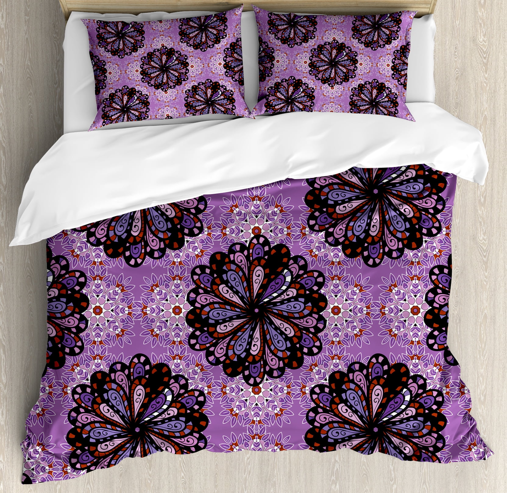 Purple Mandala King Size Duvet Cover Set Vintage Ethnic Beauty Petal Elegance Boho Round Inspiration Design Decorative 3 Piece Bedding With 2