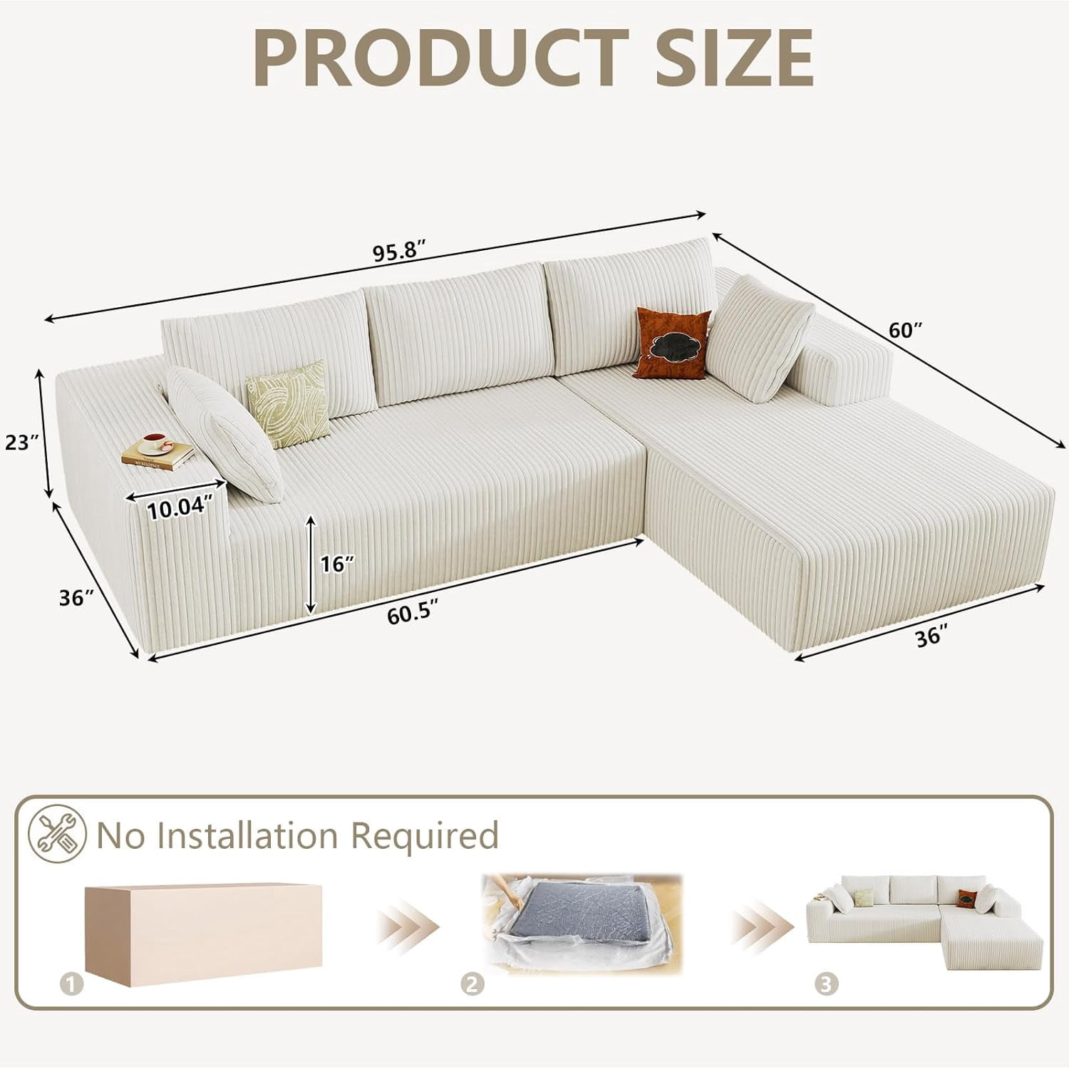 96-inch Modern Cloud Couch, L-Shaped Corduroy Sectional Sofa with Chaise, No Assembly Required, Deep Seating Modular Sofa for Living Room,White
