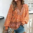 thumbnail image 3 of Defitshape Women's V Neck Floral Blouse Boho Top Long Sleeve Fall Lantern Sleeve Bohemian Soft Summer Holiday Fashion Shirt Orange Large, 3 of 3