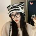 thumbnail image 4 of Mosey Japanese Style Cat Ear Beanie Hat Star Striped Print Knitting Hat Autumn Winter Plush Ball Pendant Warm Hat, 4 of 7