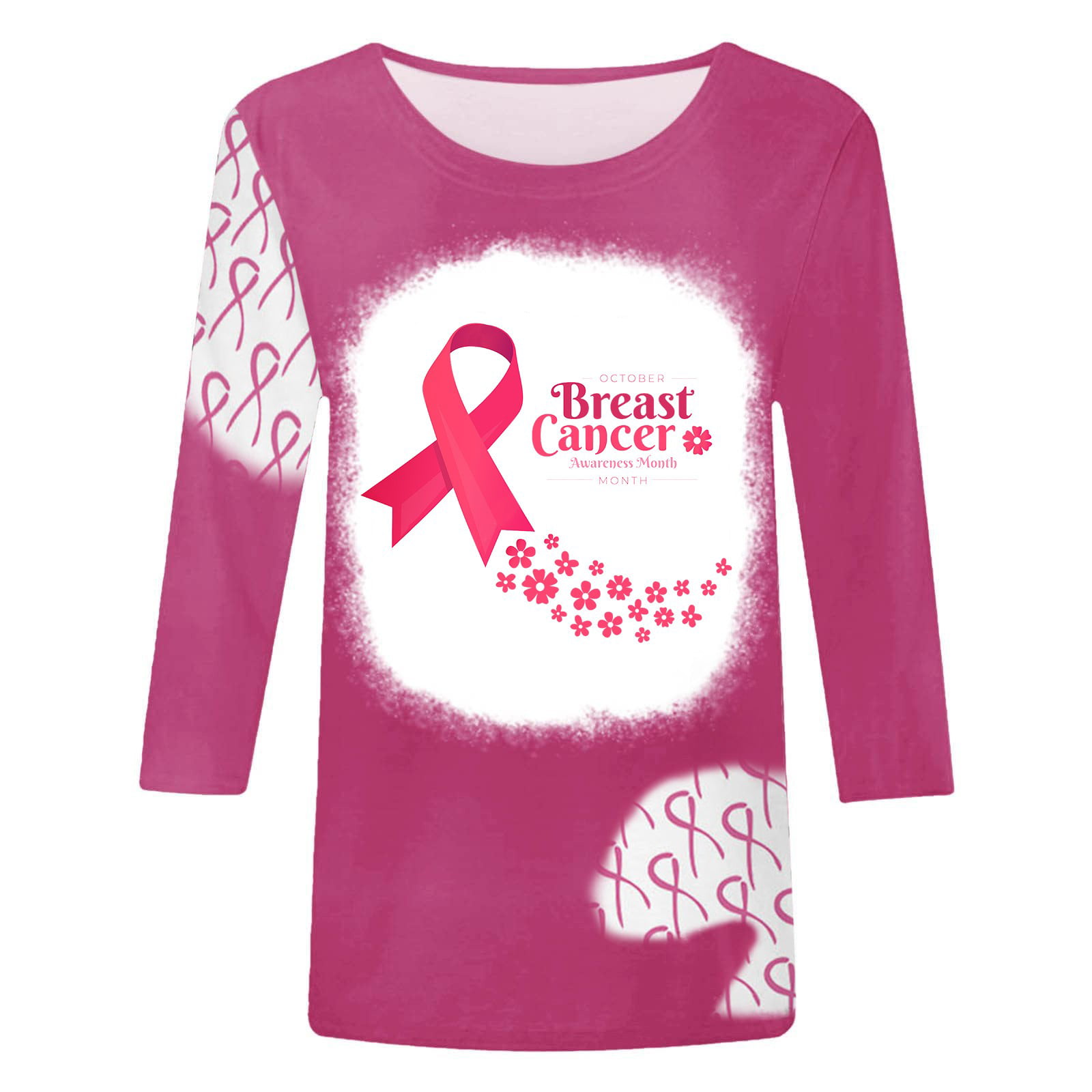 REORIAFEE Women's Breast Cancer Support Fight Ribbon Awareness Shirt Long  Sleeve Round Neck Classic Tees Pink10 L 