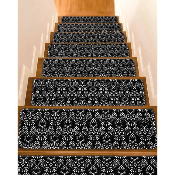 Boho Floral Non-Slip Stair Treads for Wooden Steps, 10 Pack 8x30 Inches Carpet Stair Mats with Adhesive Backing, Noise-Reducing Step Covers for Indoor Stairs, Easy to Install & Residue-Free