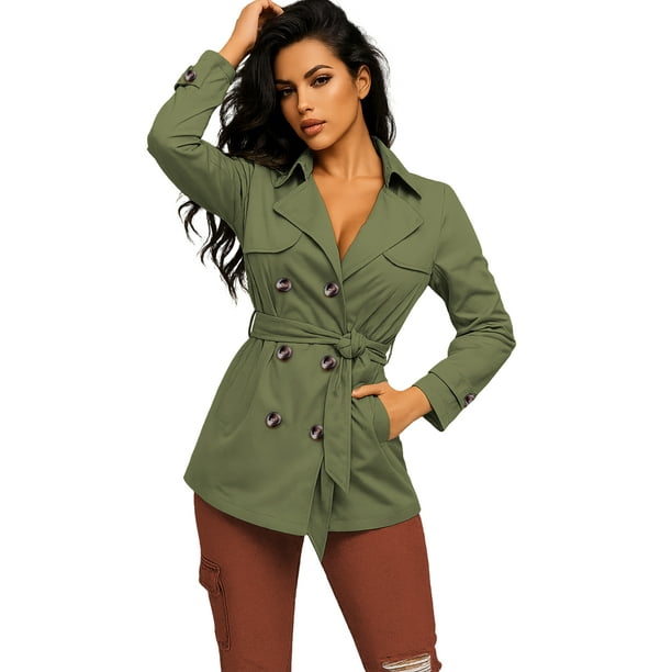 Gabardina elegante corte moderno 6 botones y cinturon Verde olivo CH / MD