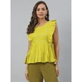 thumbnail image 1 of Janasya Indian Round Neck Sleeveless Embroidered Yellow Cotton Top For Women, 1 of 7