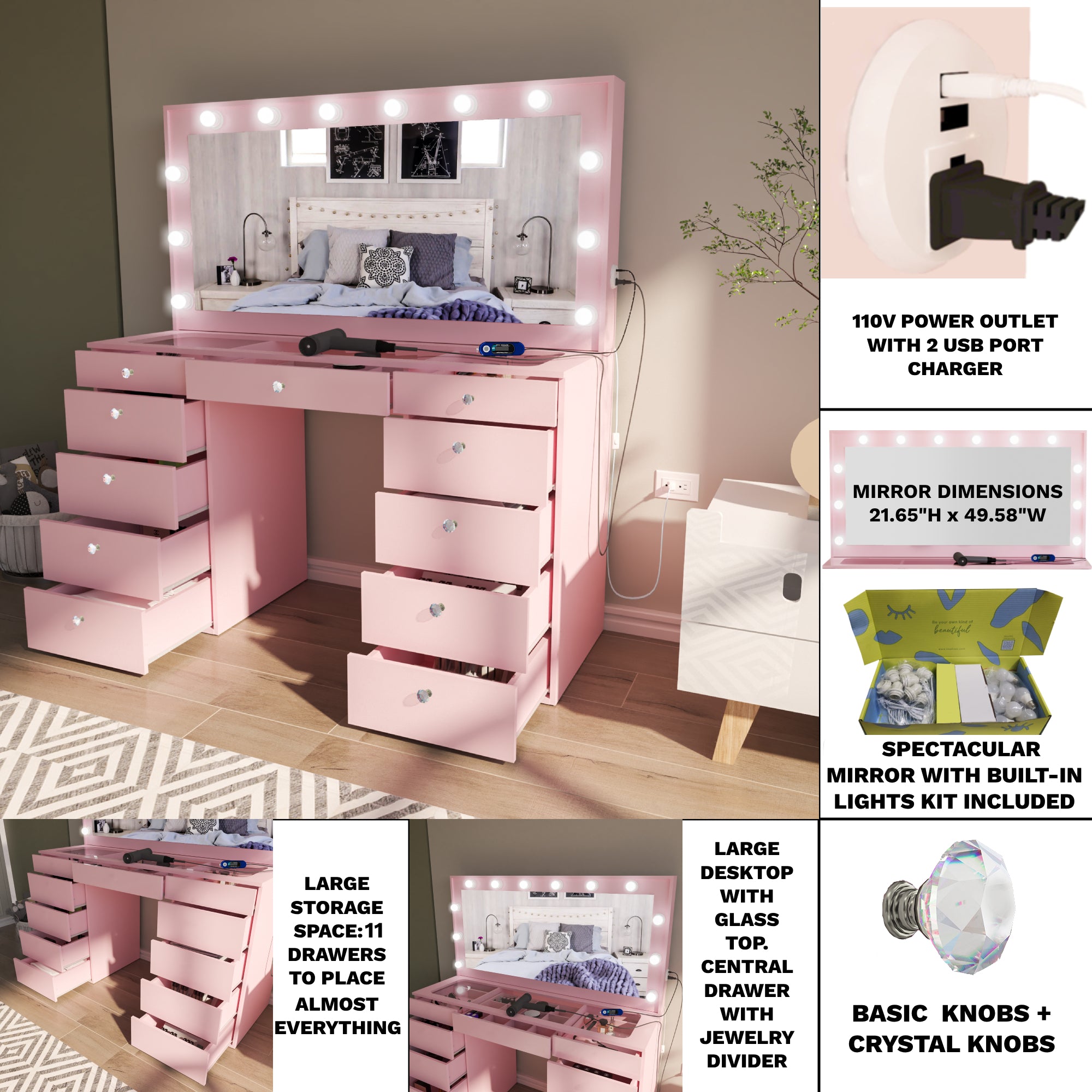 Ember Interiors Makeup Vanity with Mirror, Built-in Lights, 11 Drawers, Crystal Knobs, Pink