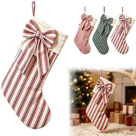 Velvet Christmas Stockings,18-Inch 3 Pack with Large Elegant Bows, Pink Stripe, Pink and Green Xmas Stocking Gift Holders for Fireplace Mantel, Tree, Door and Holiday Decor