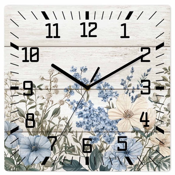 Blue Floral Spring Wooden Wall Clock Silent Non Ticking, Summer Botanical Flower Vintage Square Wall Clocks Battery Operated, Decor Clock for Home Office, Living Room, Kitchen, 10 Inch