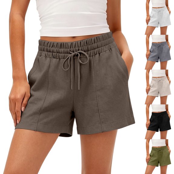 Women's High Waisted Linen Blend Shorts, Flowy Elastic Waist with Pockets for Tummy Control, Summer Casual Beach Lounge Wear Black L