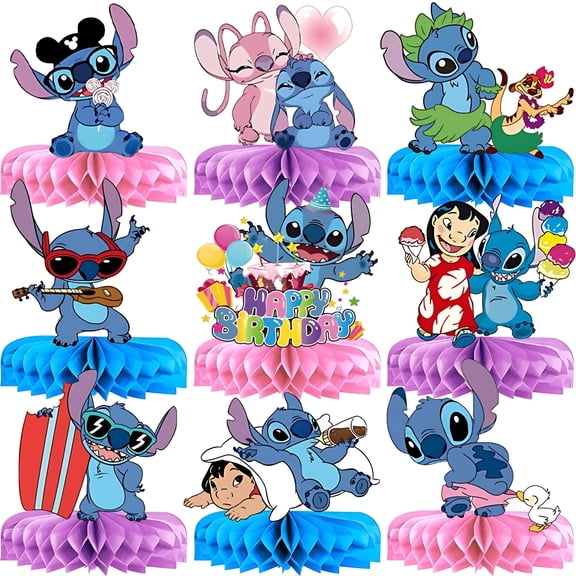 9Pcs Stitch Party Supplies Set Honeycomb Centerpieces Double Sided Table Topper for Birthday Decorations