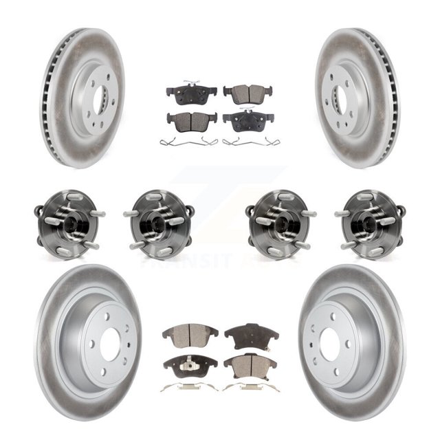 Transit Auto Front Rear Hub Bearings Assembly Coated Disc Brake Rotors and Ceramic Pads Kit (10Pc) for Car Ford Fusion - Left Right Side (Driver Passenger) KBB-112786