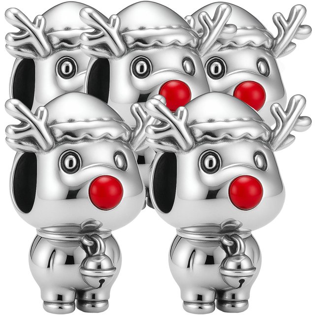 Charm navidad brillante XmasDeer02 5Pzas Plata S925 Chapa Separador Fijo Venado Navideño Plata/Multicolor Caja Negra 3x3