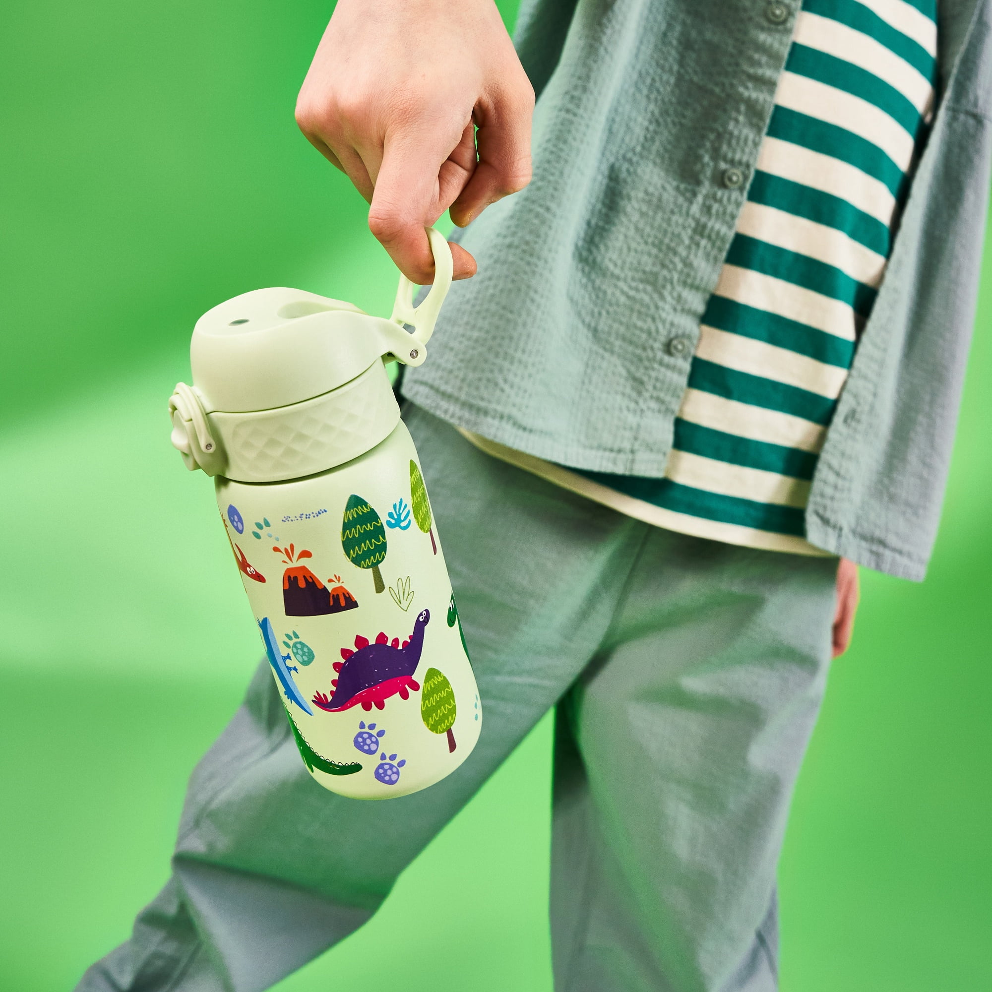 ION8 Leak Proof Flip-Top Stainless Steel Kids Water Bottle, Dishwasher-Safe, Dinosaurs, 400ml (13oz)