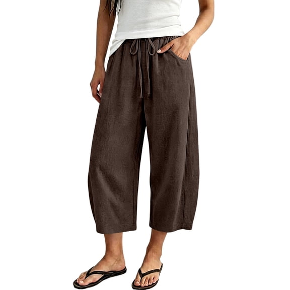 Cropped Linen Pants Women Capri Pants Barrel Drawstring Wide Leg Cotton Capris 2026 Casual Summer Boho Baggy Trouser (Coffee,M)