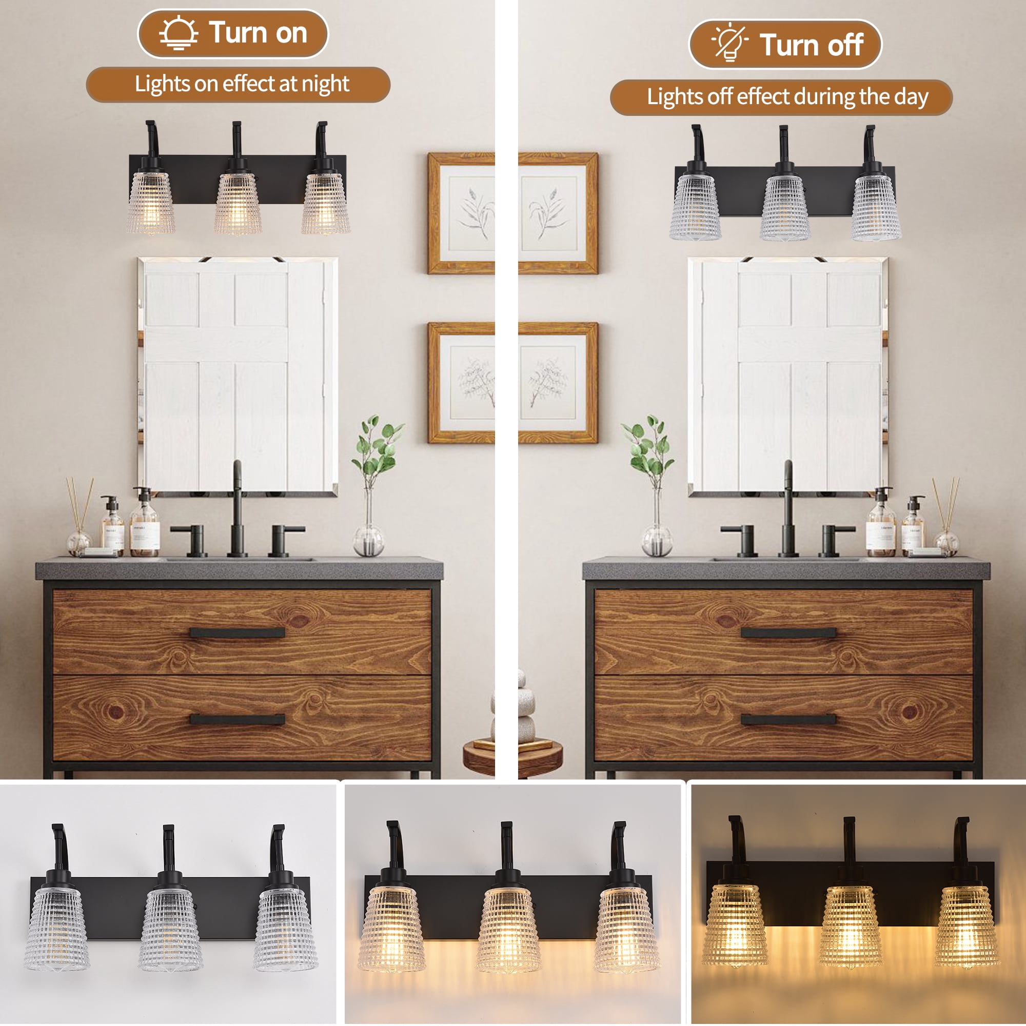 3-Light Matte Black Vanity Light, Modern Farmhouse Bathroom Light Fixture with Clear Rippled Glass Shades for Mirror, 20.86 Inch