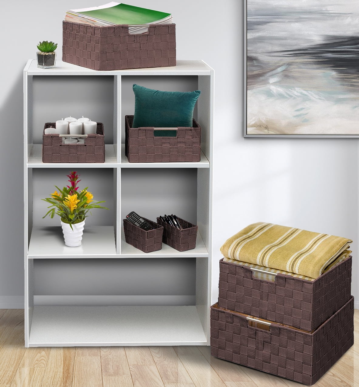 Sorbus Woven Storage Basket Set, Portable Side Handles, Set of 7