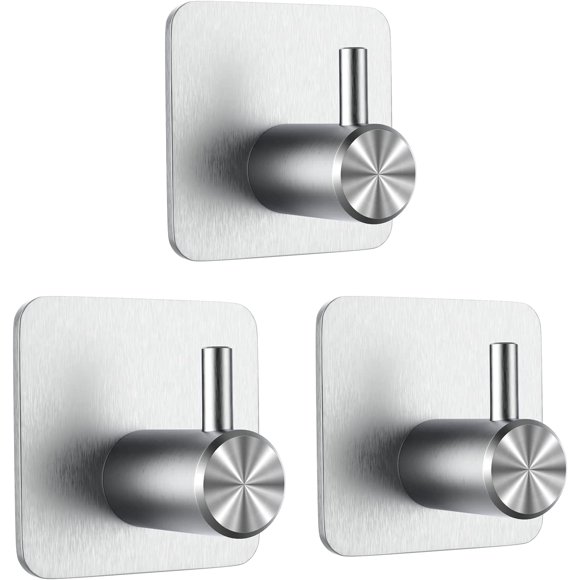 3 Pieces 3M Adhesive Hook, Bathroom Wall Hook, No Drilling Towel Holder, Stainless Steel Kitchen Dish Towel Hanger, Silver