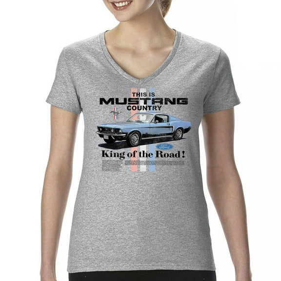 This Is Mustang Country King of the Road Women's V-Neck T-shirt Legendary Performance Classic American Muscle Licensed Tee