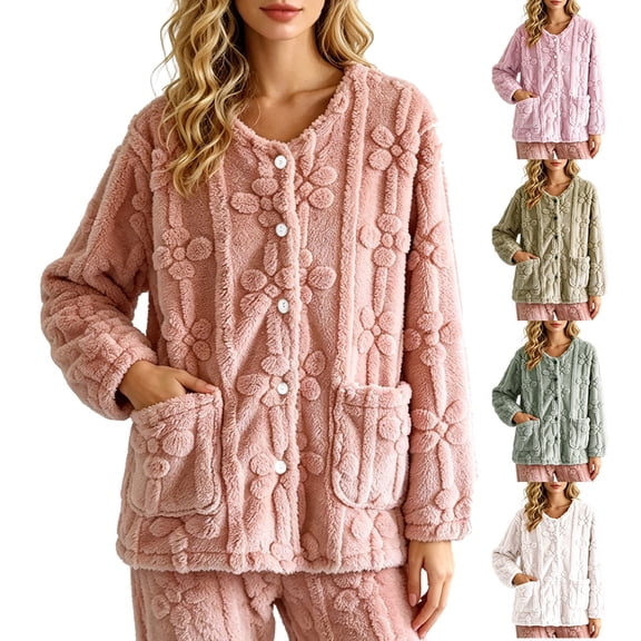 Pajamas for Women Dqueduo Women's Winter Home-Cozy Thermal Pullover Long-Sleeve Button-Up Blouse β Floral Embossed Fleece Top Orange XL