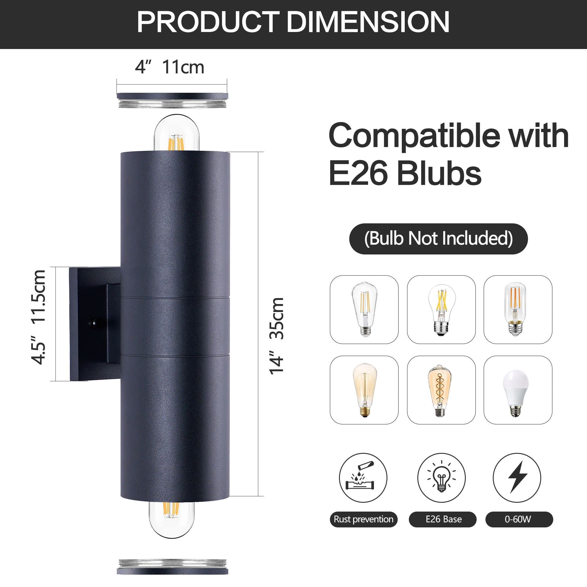 14 Inch Modern Outdoor Wall Sconce, 2-Light IP65 Waterproof Exterior Light, Rust-Resistant Aluminum Cylinder with Tempered Glass, Matte Black, 2-Pack, Bulbs Not Included