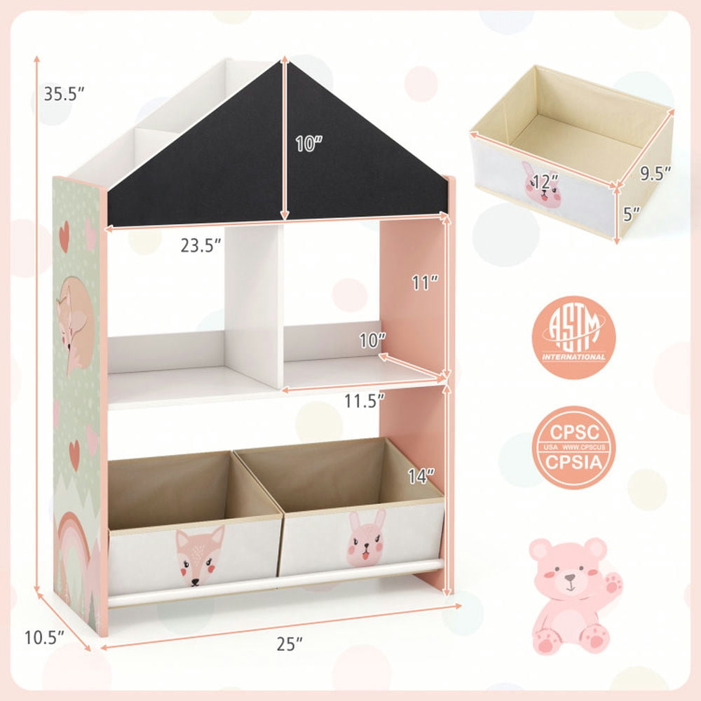 Topcobe Playhouse Kids Bookshelf with Chalkboard and Whiteboard for 3-6 Years, Kids Furniture for Living Room Bedroom-Pink
