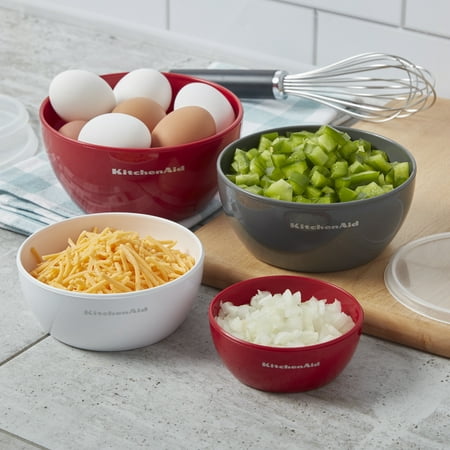 KitchenAid 4 Piece Prep Bowl Set with Lids, Assorted Sizes and Colors: Red, Grey,
