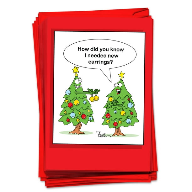 12 Christmas Greeting Cards Boxed Funny Xmas Tree Humor, Bulk Holiday
