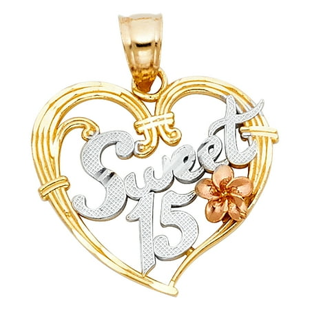 - FB Jewels 14K White Yellow And Rose Tri Color Gold Fifteen 15 Years Birthday Quincea–era Heart Pendant 19mm X 21mm