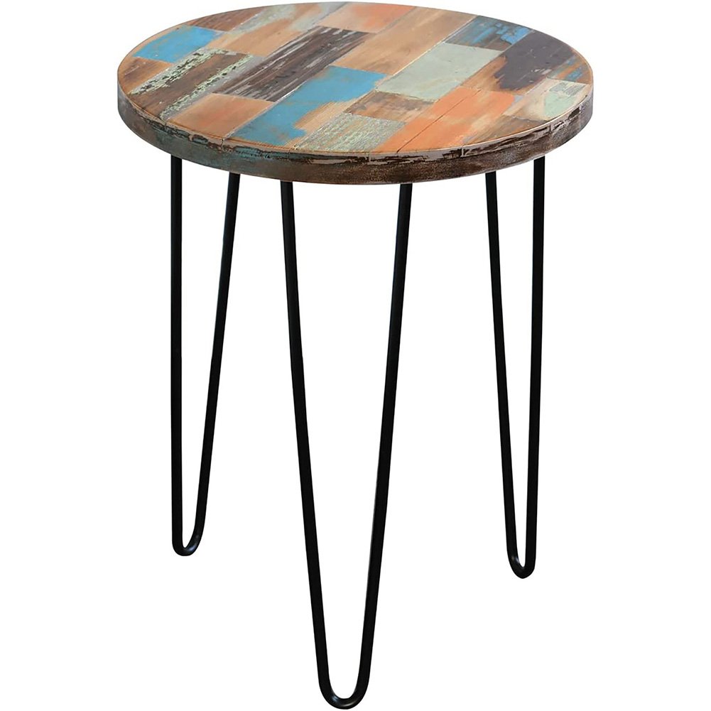 Reclaimed wood side table, round side table with hairpin legs