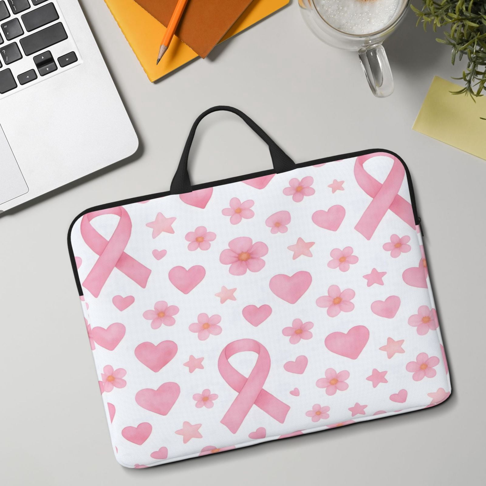 Laptop Sleeve Bag For Women Men 14inch Waterproof Durable Protective Computer Carrying Cover Handle Laptop Case Bag Watercolor Pink Ribbon Pattern With Hearts And Stars