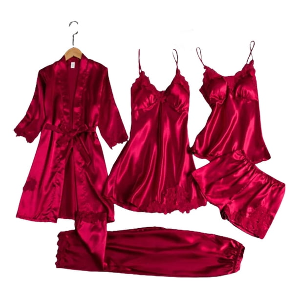 Conjunto de pijama satinado para mujer, 5 piezas, con paneles de encaje, boda 2024