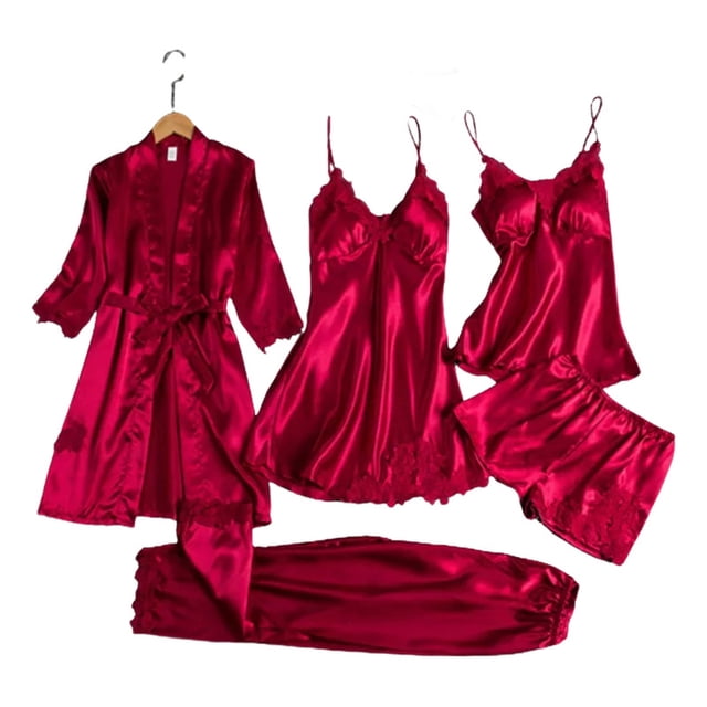 Conjunto de pijama satinado para mujer, 5 piezas, con paneles de encaje, boda 2024