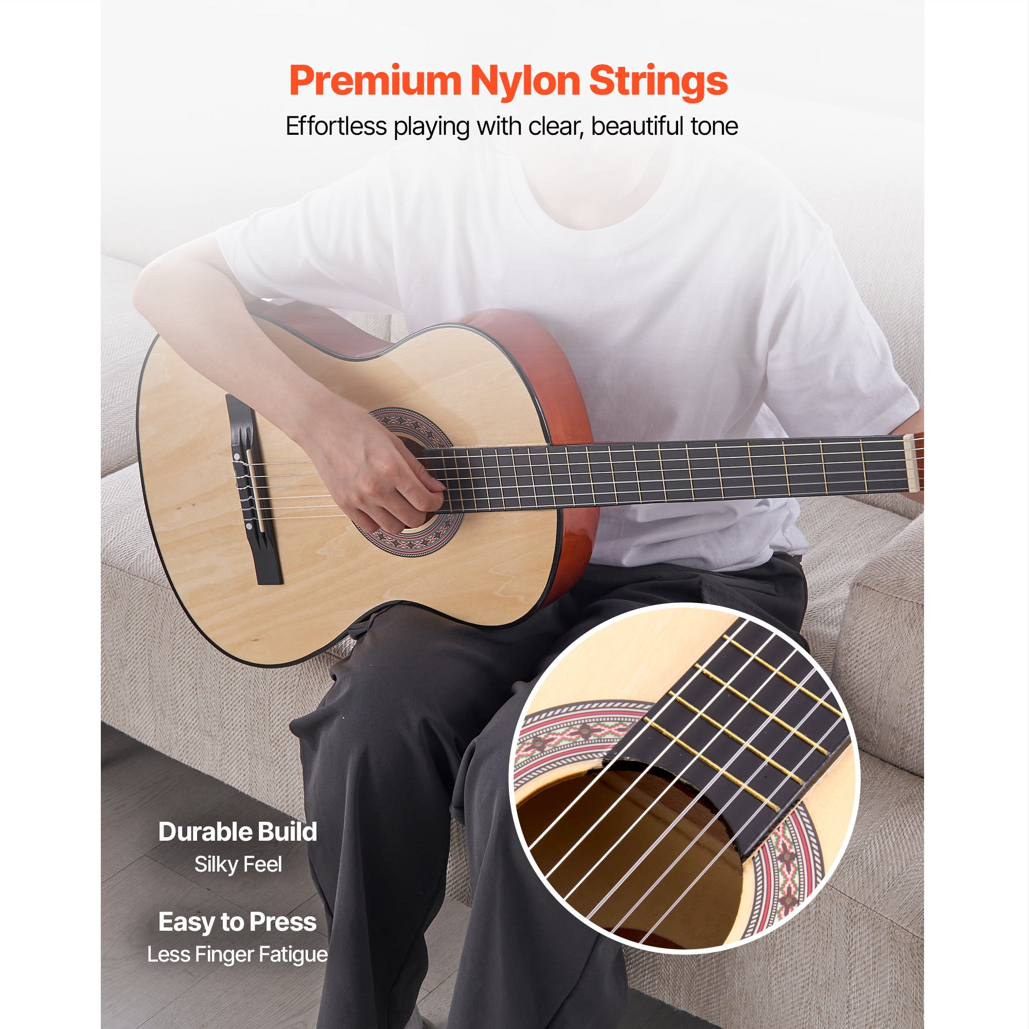 KFFKFF 38-Inch Classical Guitar Starter Kit, Wooden Acoustic Guitar with Nylon Strings, Gig Bag, Strap, Tuner, Extra Strings, Pick, Capo, Ideal for Beginners, Teens, Adults, and Students