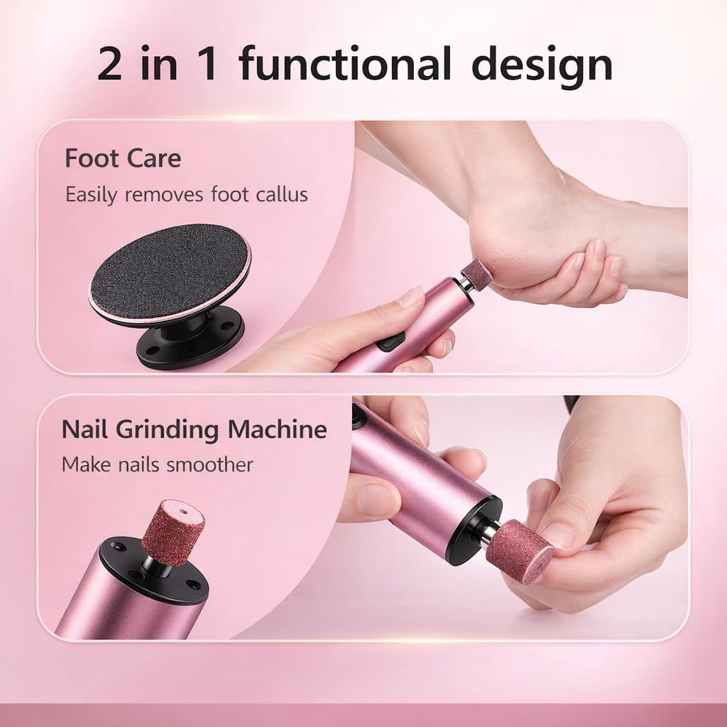 Electric Foot Callus Remover,2 in 1 Rechargeable Foot Tool with Sandpaper Discs,LED Display 9 Speeds Long Battery Life for Emoving Dead Skin Rough Heels Nail Polish Removal for Home Travel Use, Pink