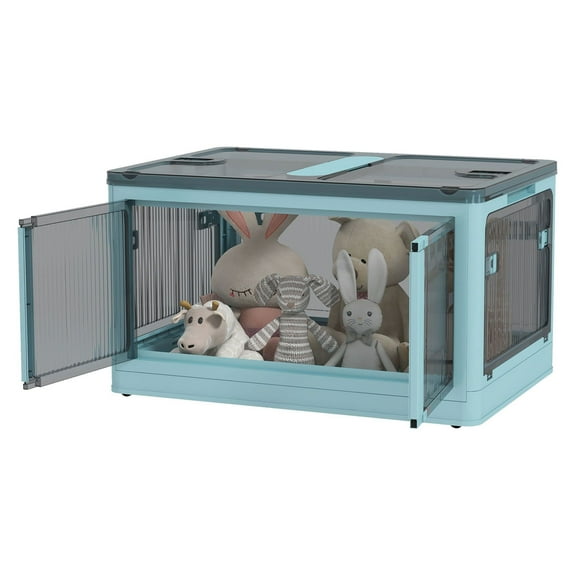 Collapsible Storage Bins with Lids & Wheels, 18 Gallon - Stackable Blue Storage Containers for Living Room, Office, Car - Foldable Plastic Bins 23.5"x16.5"x13.5"