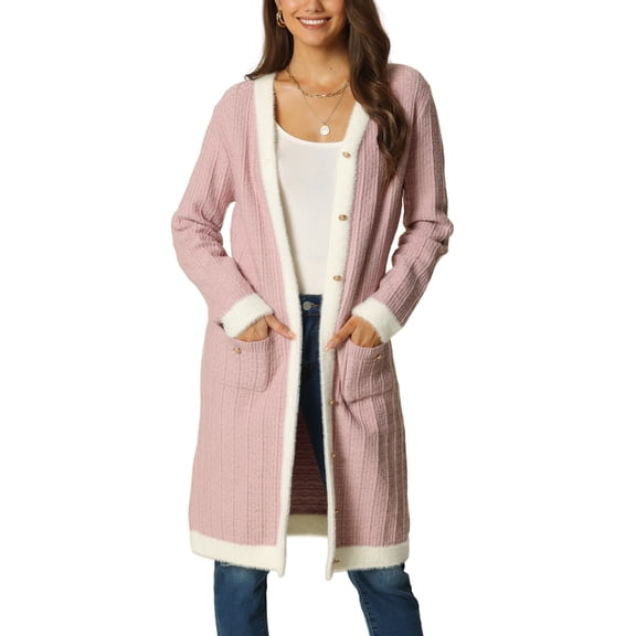 INSPIRE CHIC Women's Contrast Color Dress Long Sleeve Open Front Button Down Sweater Cardigan with Pockets S Dusty Pink