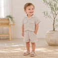 thumbnail image 2 of Toddler Boy Outfits 2 Piece Double Layer Gauze Solid Print Lapel Short Sleeve Shirt And Shorts Casual Boys' Clothing Sets, 2 of 4