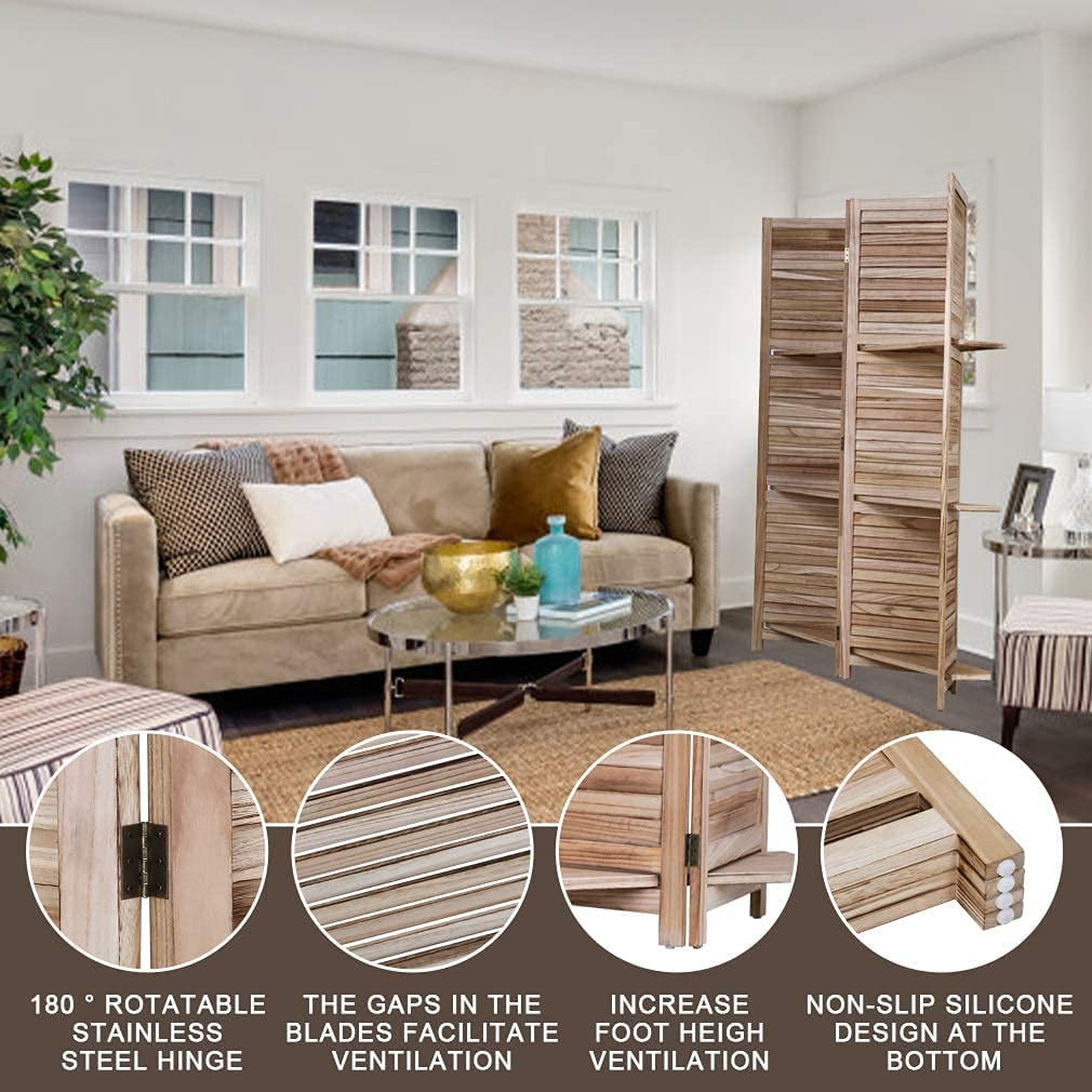 NiamVelo 4 Panel Wood Room Divider Folding Privacy Screen Portable Freestanding Room with 3 Shelves, Natural
