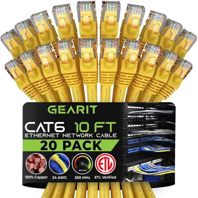 Cable Ethernet GEARit Cat6 de 3 m, paquete de 20, 10 Gbps, RJ45, amarillo