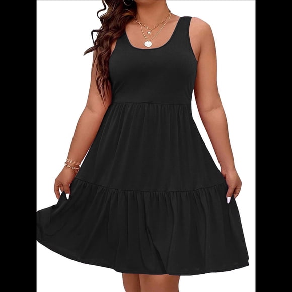 Vestidos de Verano para Mujer, de Gran Tamaño, con Hombros Descubiertos, Lisos, Sin Mangas, con Volantes en el Bajo, Vestidos Cortos con , Negro XXL