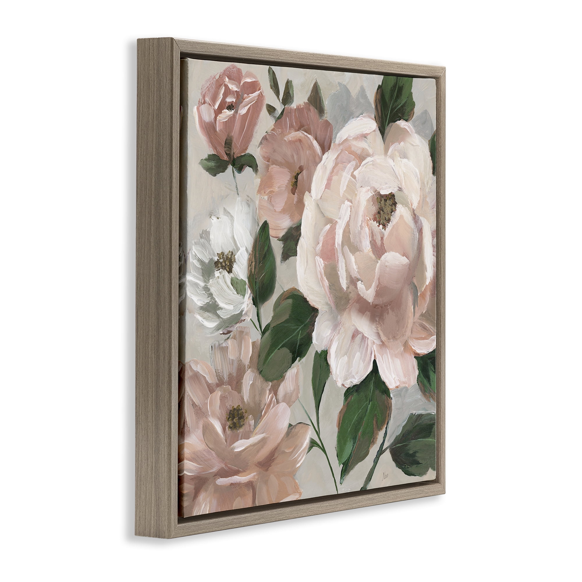 Stupell Industries Delicate Blush Peonies with Leaves Brown Framed Floater Canvas Wall Art, design by Nan