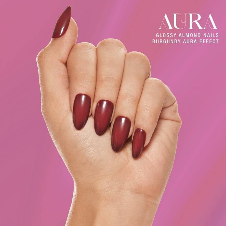 Salon Perfect Artificial Fake Press Ons, 367 Aura, Burgandy, Medium Almond, File, Glue and Prep Pad Included, 30 Nails