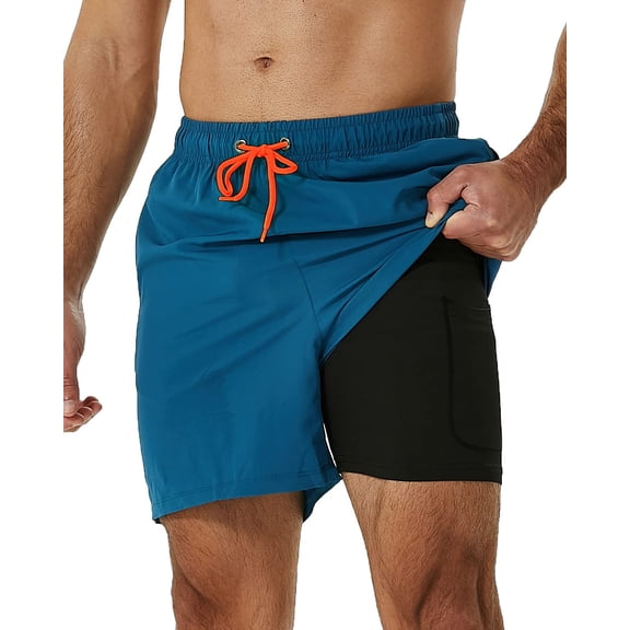 DAKIMOE Mens Swim Trunks Stretch Water Beach Shorts with Compression Liner 2 in 1 Quick-Dry Swimming Shorts with Zipper Pockets, Peacock Blue, L