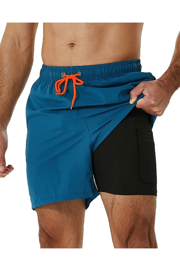 Mens Swim Trunks Stretch Water Beach Shorts with Compression Liner 2 in 1 Quick-Dry Swimming Shorts with Zipper Pockets, Peacock Blue, L